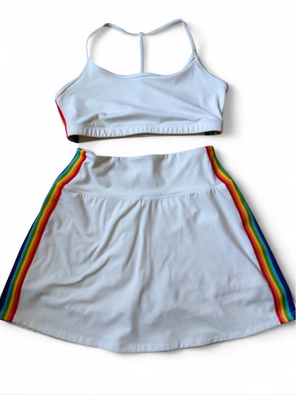 Spiritual Gangster White Rainbow-Trim Sports Skirt & Crop Top Set